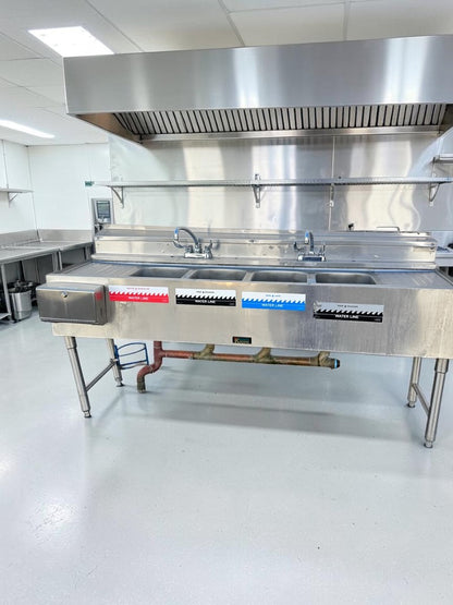 Outstanding Condition – Krowne KR24-64C – Royal Series 72" Four-Compartment Underbar Sink – Dual Drainboards – Stainless Steel – NSF Certified – Ready for Commercial Use!