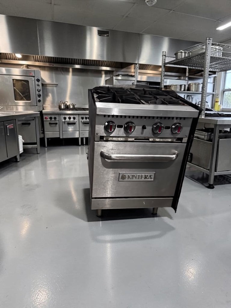 Dependable Condition – Kintera KR4 – 24" Commercial Natural Gas Range – Four 30,000 BTU Open Burners – Standard Oven – 150,000 Total BTU – Fully Tested & Operational!