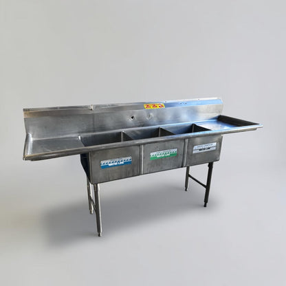 Flawless Condition – Commercial Three-Compartment Stainless Steel Sink – Dual Drainboards – High Backsplash – Adjustable Legs – Fully Inspected & Ready for Installation!