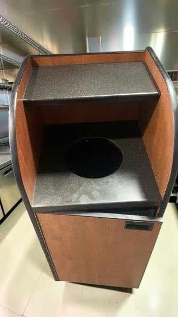 Excellent Condition – Curved Series Commercial Waste Receptacle – Front-Load Wood Laminate Cabinet – Top Shelf – Interior Bin – 20" x 20" x 48" – Ready for Commercial Use!
