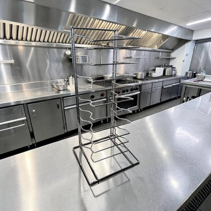Superior Condition – Commercial Countertop Pizza Pan Stand – 10-Slot Stainless Steel Rack – Space-Saving Vertical Design – Ready for Immediate Use!