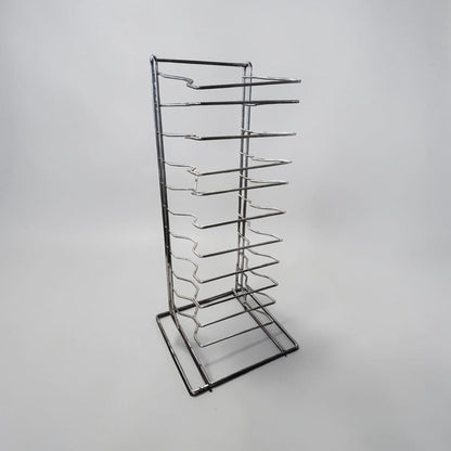 Superior Condition – Commercial Countertop Pizza Pan Stand – 10-Slot Stainless Steel Rack – Space-Saving Vertical Design – Ready for Immediate Use!