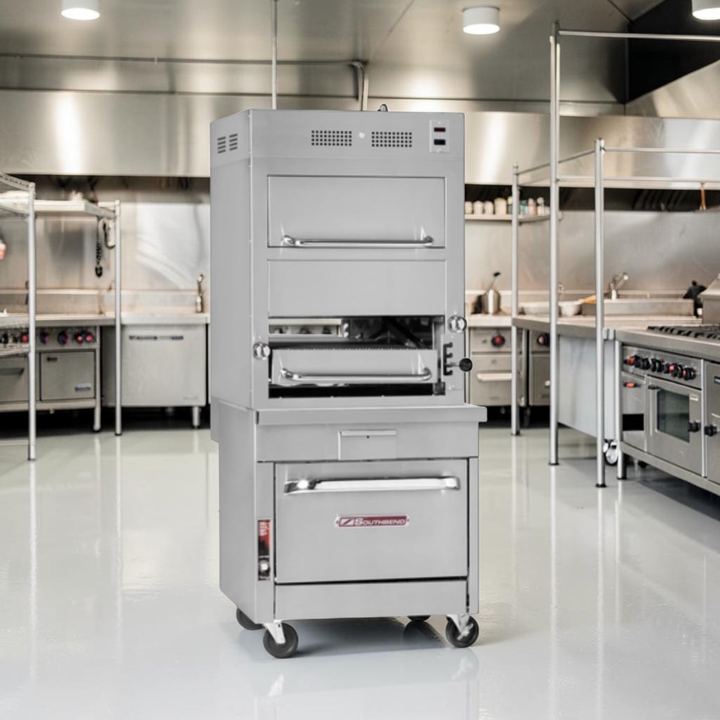 Dependable Condition – Southbend P32A-171 Platinum Series – 32" Gas Infrared Upright Broiler with Warming Oven & Convection Oven Base – Natural Gas – Fully Tested & Operational!