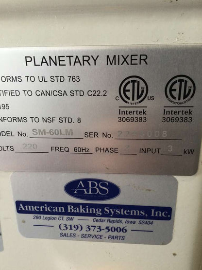 Premium Condition – ABS SM-60LM – Commercial Planetary Mixer – 60 Qt – 220V / 3 Phase – Fully Tested & Working!