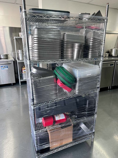 Premium Condition – NSF Chrome Wire Shelving Rack – 4-Tier Commercial Storage Unit w/ Food Pans & Accessories – Heavy-Duty – Fully Inspected!