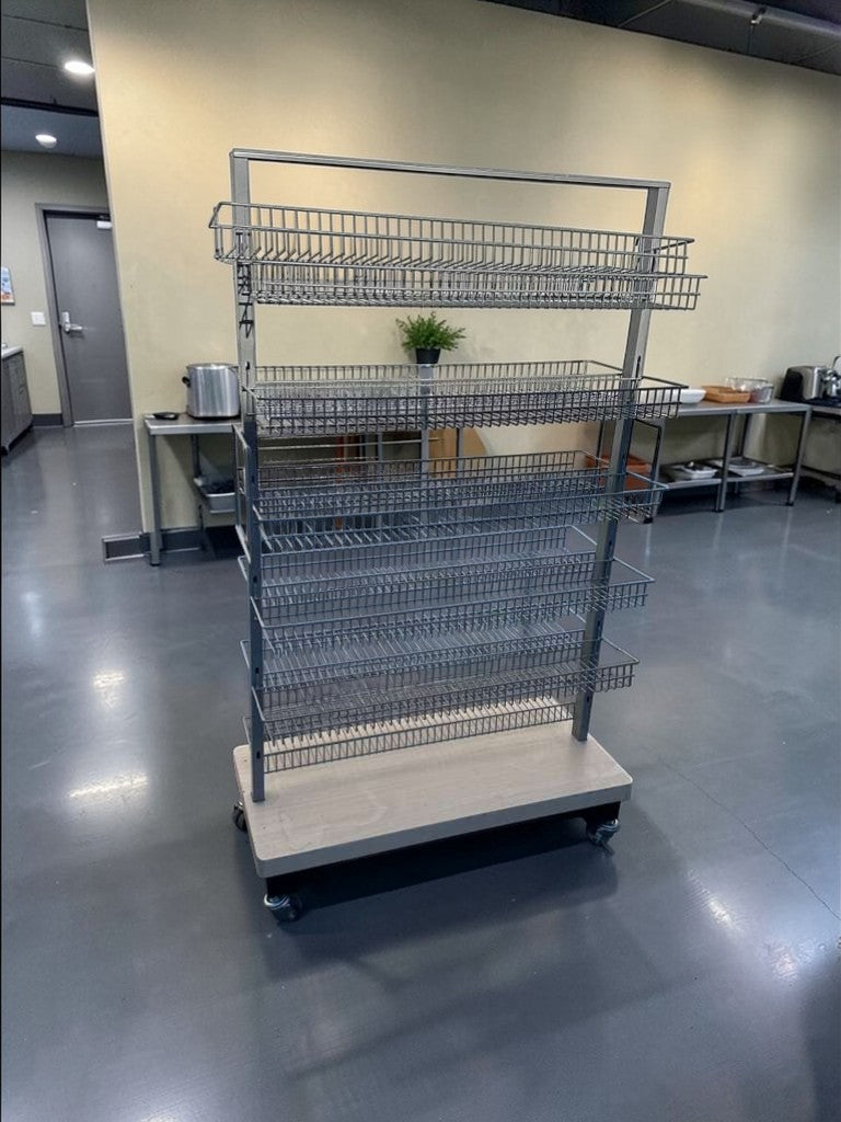 Superior Condition – Commercial Rolling Wire Display Rack – Multi-Tier Retail Shelving – Heavy-Duty Construction – Fully Inspected & Ready for Use!