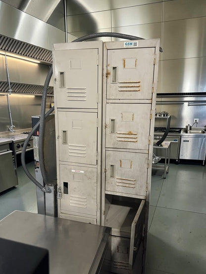 High-Quality Condition – Quantity 2 Commercial 3-Tier Steel Storage Lockers – 6 Total Compartments – Ventilated Lockable Doors – Heavy-Duty Freestanding Design – Fully Functional!