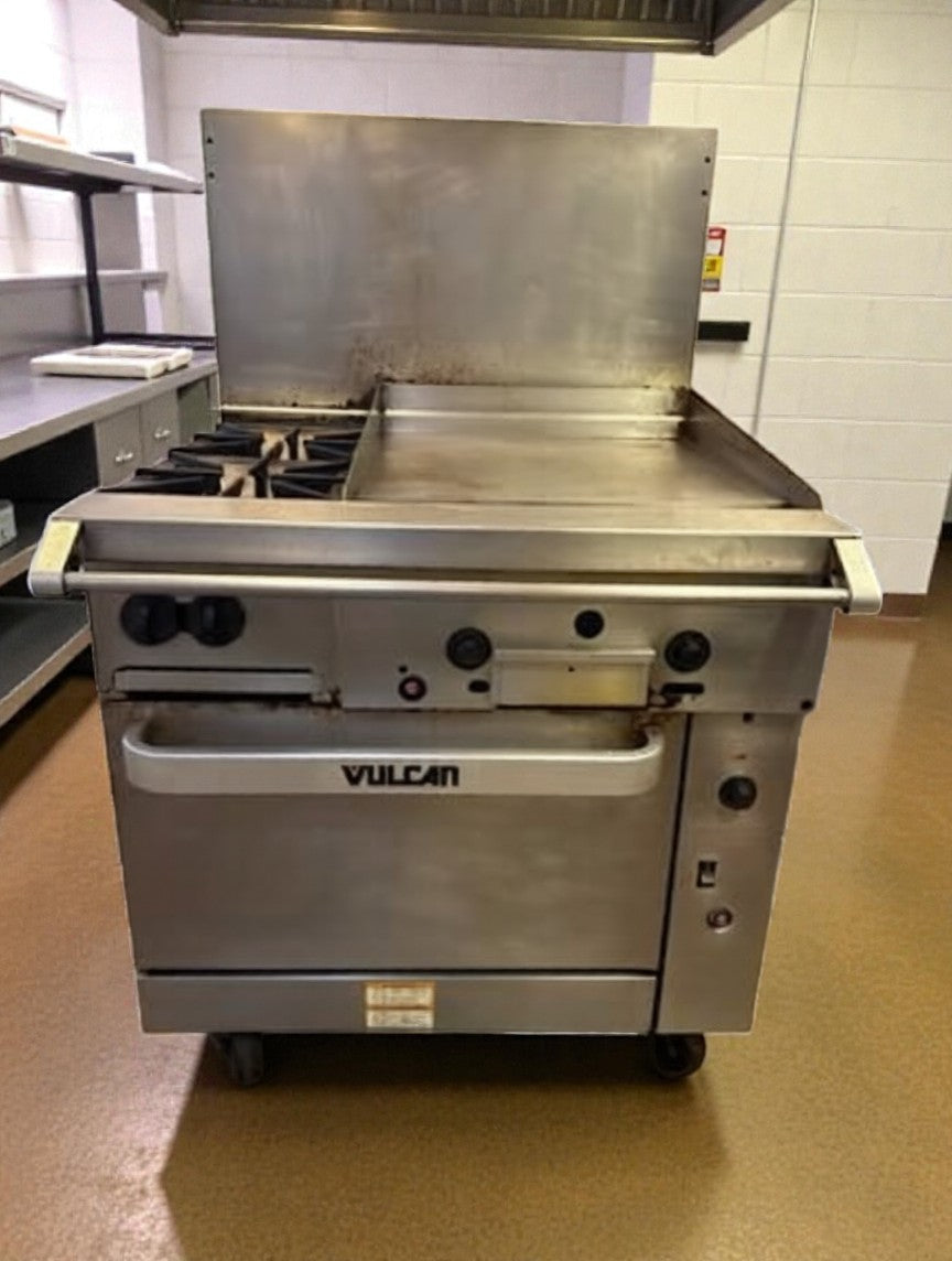 Dependable Condition – Vulcan 36C-2B24GTN Endurance – 36" Natural Gas Range – 2 Burner with 24" Thermostatic Griddle & Convection Oven Base – 135,000 BTU – Fully Tested & Operational!