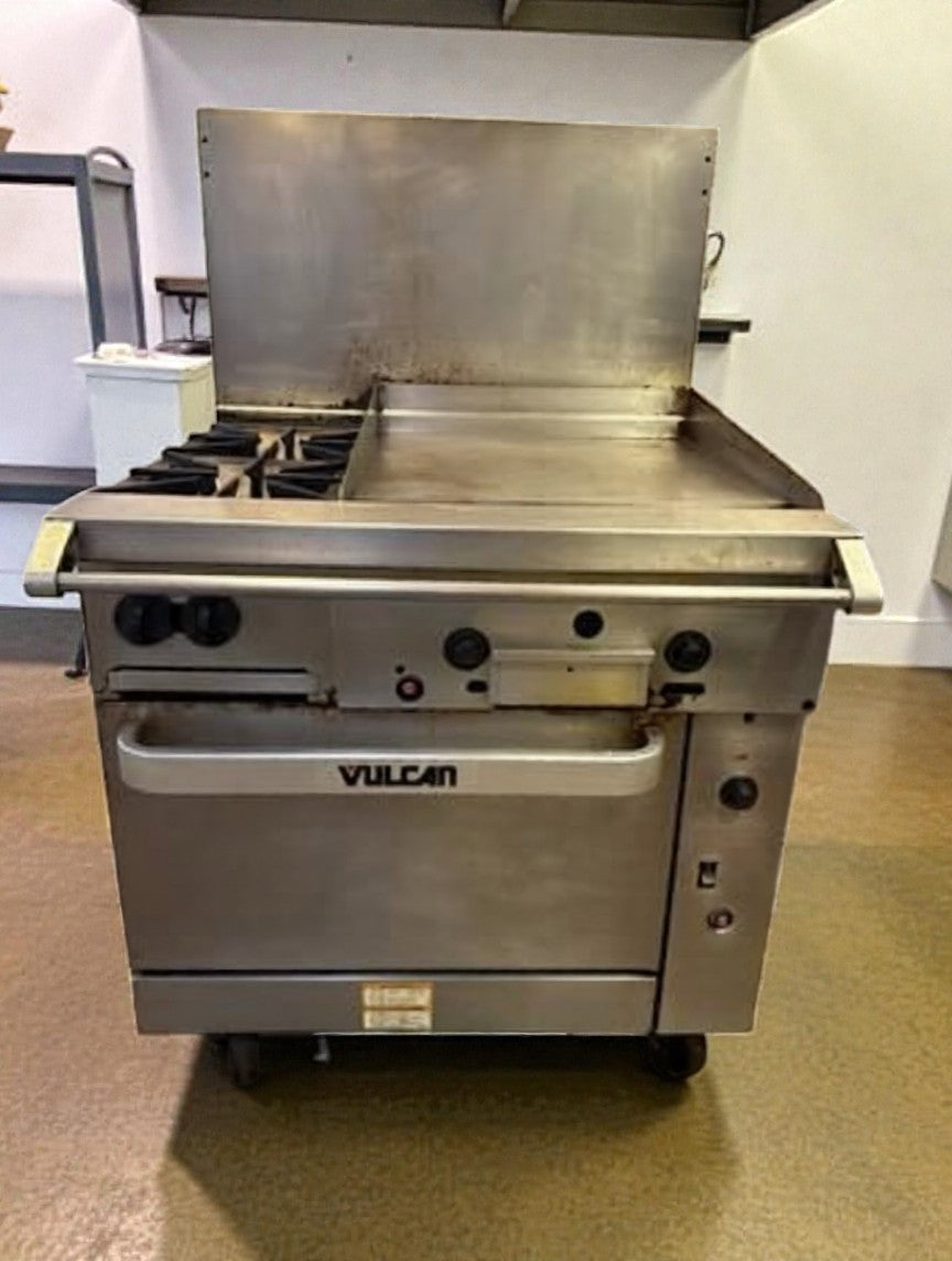 Dependable Condition – Vulcan 36C-2B24GTN Endurance – 36" Natural Gas Range – 2 Burner with 24" Thermostatic Griddle & Convection Oven Base – 135,000 BTU – Fully Tested & Operational!