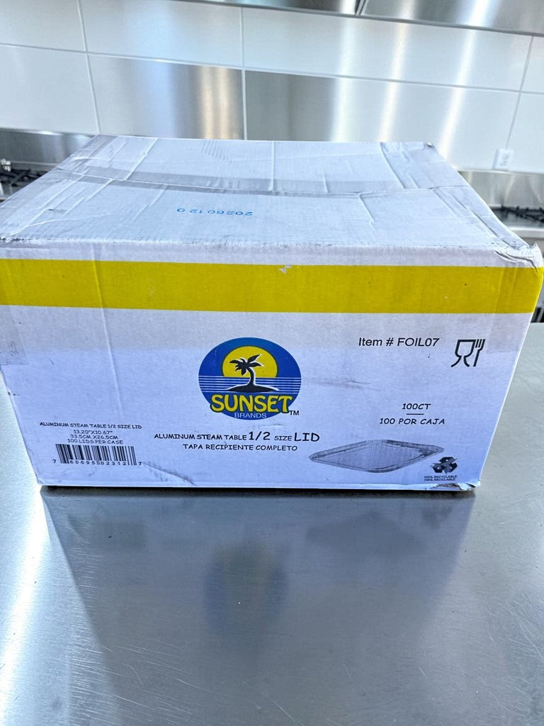 Brand New Condition – Sunset Brands FOIL07 – Aluminum Steam Table 1/2 Size Lids – 100 Count Case – Disposable Catering Pan Covers – Ready for Immediate Use!