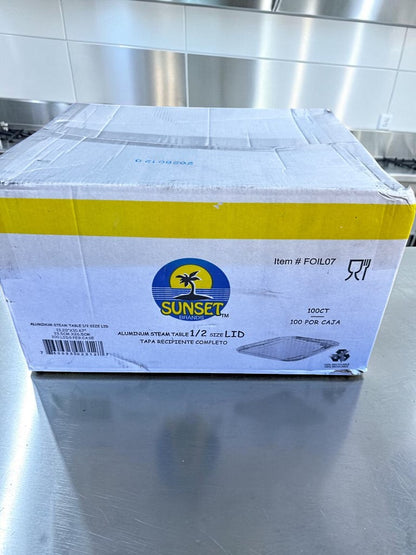 Brand New Condition – Sunset Brands FOIL07 – Aluminum Steam Table 1/2 Size Lids – 100 Count Case – Disposable Catering Pan Covers – Ready for Immediate Use!