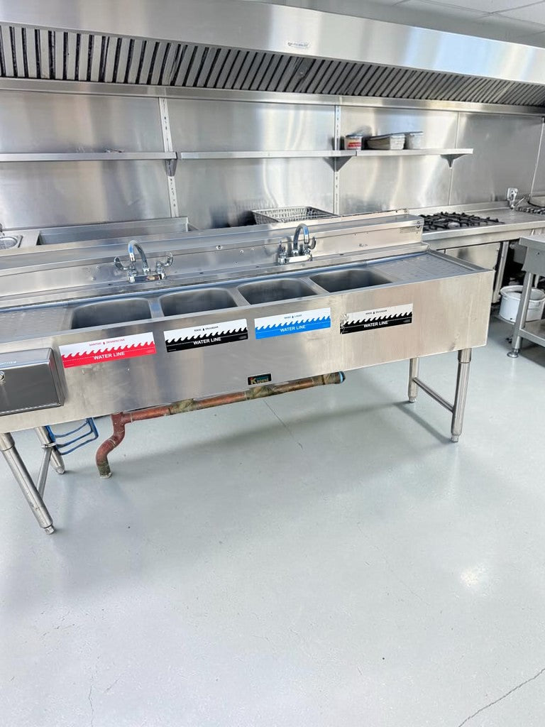 Outstanding Condition – Krowne KR24-64C – Royal Series 72" Four-Compartment Underbar Sink – Dual Drainboards – Stainless Steel – NSF Certified – Ready for Commercial Use!
