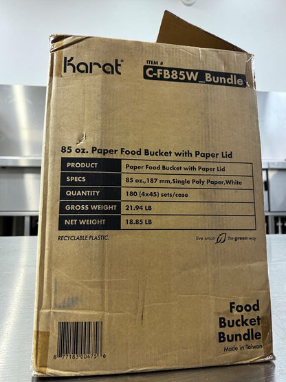 Elite Condition – Karat C-FB85W_Bundle – 85 oz. White Paper Food Buckets with Matching Paper Lids – 187 mm – 180 Sets per Case – New/Open Case!
