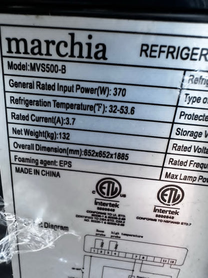 Brand New Condition – Marchia MVS500-B – Vertical Refrigerated Cake Display Case – Black Exterior – LED Lighting – 110V – ETL / NSF Certified – Fully Tested & Operational!