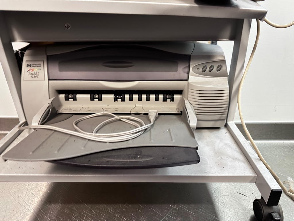 Optimal Condition – Complete Mobile Computer Workstation Bundle – Dell Monitor, Desktop Computer, Keyboard, Mouse, Printer, Speakers & Rolling Equipment Cart – Fully Tested & Operational!