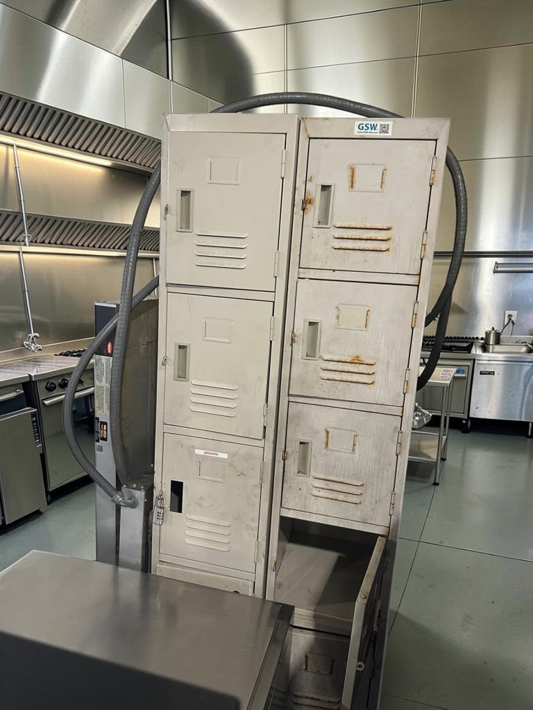 High-Quality Condition – Quantity 2 Commercial 3-Tier Steel Storage Lockers – 6 Total Compartments – Ventilated Lockable Doors – Heavy-Duty Freestanding Design – Fully Functional!