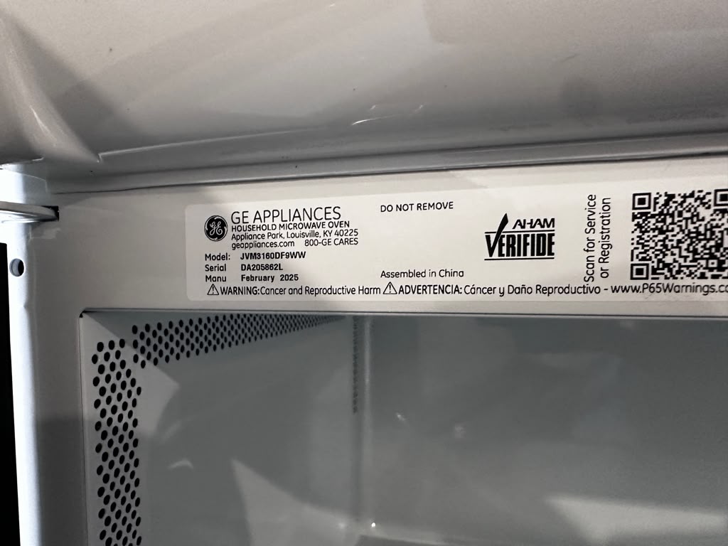 Brand-New Condition – GE JVM3160DF9WW – 1.6 Cu. Ft. Over-the-Range Microwave – 1,000W Cooking Power – 300 CFM Vent – White – 120V