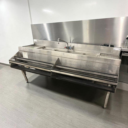 Exceptional Condition – Commercial Stainless Steel 4-Compartment Underbar Sink – 72" × 29" × 33" – Dual Drainboards, Faucet & Double Speed Rails – Fully Inspected & Ready for Installation!