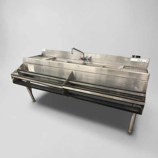 Exceptional Condition – Commercial Stainless Steel 4-Compartment Underbar Sink – 72" × 29" × 33" – Dual Drainboards, Faucet & Double Speed Rails – Fully Inspected & Ready for Installation!