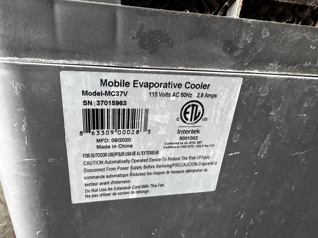 First-Class Condition – Hessaire MC37V – 3,100 CFM Portable Evaporative Cooler – 950 Sq. Ft. Coverage – 115V – Fully Tested & Operational!