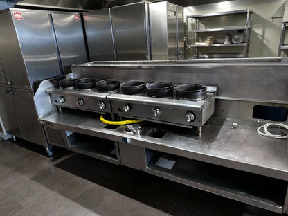 Immaculate Condition – Commercial 6 Burner Wok System – Stainless Steel Wok Cooking Line with Refrigerated Top / Cold Rail – Gas Operation – Fully Tested & Operational!