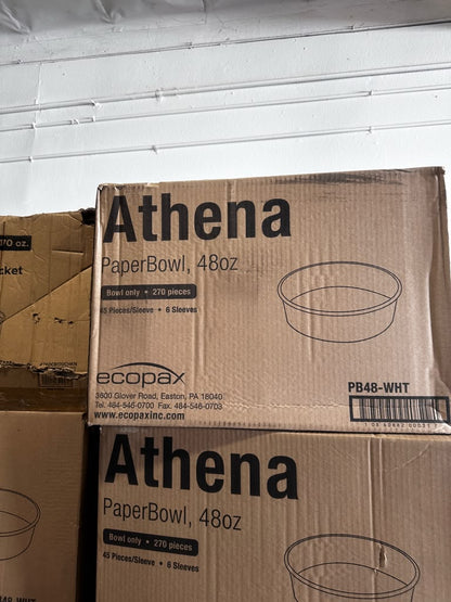 Brand New Condition – EcoPax Athena PB48-WHT – 48 oz Plain White Paper Bowls – 8" Diameter – 270 Pieces Per Case – Quantity 2 Boxes – Ready for Immediate Use!