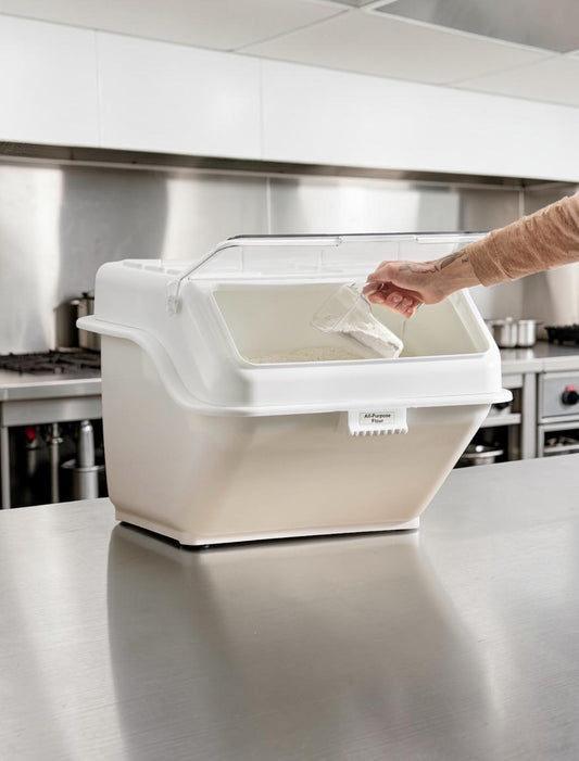 Pristine Condition – Baker’s Lane 12.6 Gallon / 200 Cup Shelf Ingredient Bin – Flip Lid, Label Sheet & Scoop – NSF Certified – Ready for Commercial Use!