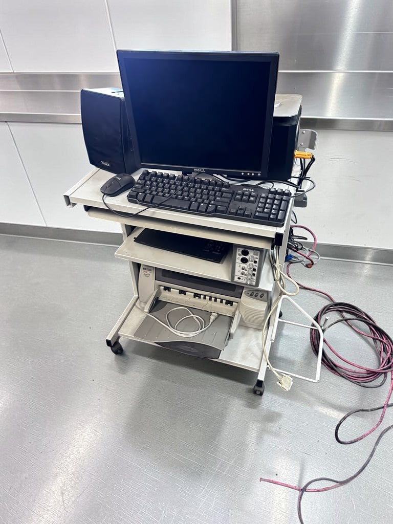 Optimal Condition – Complete Mobile Computer Workstation Bundle – Dell Monitor, Desktop Computer, Keyboard, Mouse, Printer, Speakers & Rolling Equipment Cart – Fully Tested & Operational!