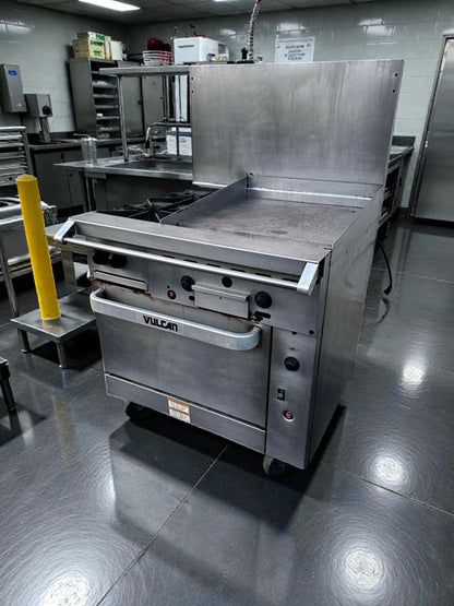 Superior Condition – Vulcan 36C-2B24GTN – Endurance 36" Natural Gas Range – 2 Burners – 24" Thermostatic Griddle – Convection Oven Base – 135,000 BTU – NSF / CSA Listed – Fully Tested & Operational!