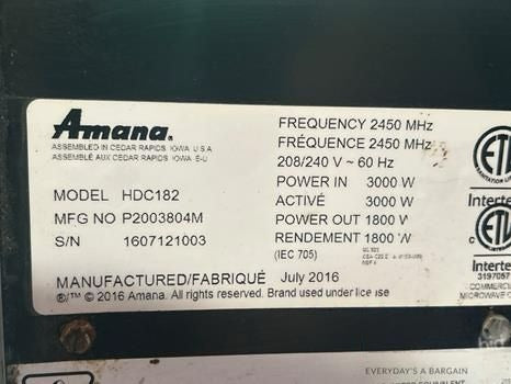 Dependable Condition – Amana HDC182 – Heavy-Duty Stainless Steel Commercial Microwave – Push Button Controls – 0.6 Cu. Ft. – 208/240V – 1800W Output – ETL Listed – Fully Tested & Operational!