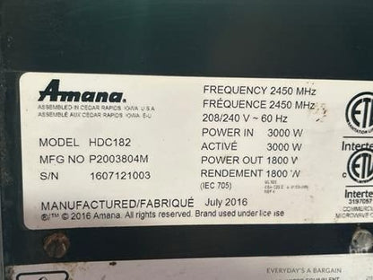 Dependable Condition – Amana HDC182 – Heavy-Duty Stainless Steel Commercial Microwave – Push Button Controls – 0.6 Cu. Ft. – 208/240V – 1800W Output – ETL Listed – Fully Tested & Operational!