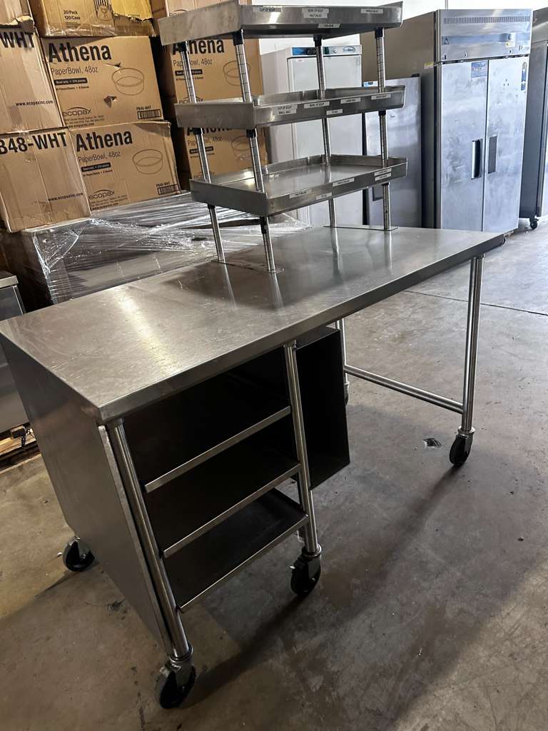 High-Quality Condition – Stainless Steel Commercial Work Table with Multi-Tier Overshelf – Approx. 60" x 36" – Mobile Prep / Service Table – Fully Inspected & Ready for Use!