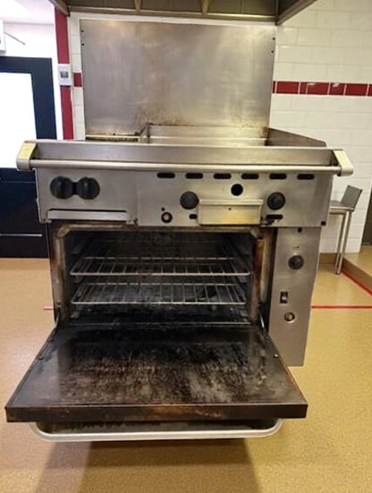 Dependable Condition – Vulcan 36C-2B24GTN Endurance – 36" Natural Gas Range – 2 Burner with 24" Thermostatic Griddle & Convection Oven Base – 135,000 BTU – Fully Tested & Operational!