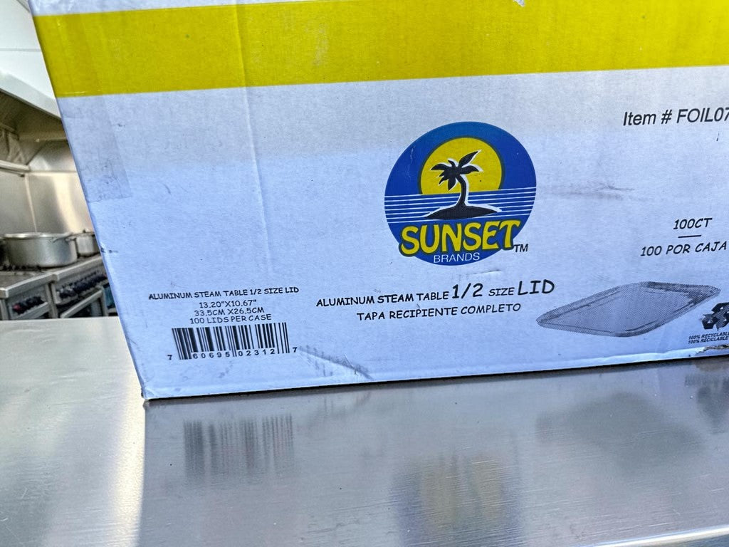 Brand New Condition – Sunset Brands FOIL07 – Aluminum Steam Table 1/2 Size Lids – 100 Count Case – Disposable Catering Pan Covers – Ready for Immediate Use!