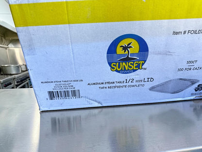 Brand New Condition – Sunset Brands FOIL07 – Aluminum Steam Table 1/2 Size Lids – 100 Count Case – Disposable Catering Pan Covers – Ready for Immediate Use!