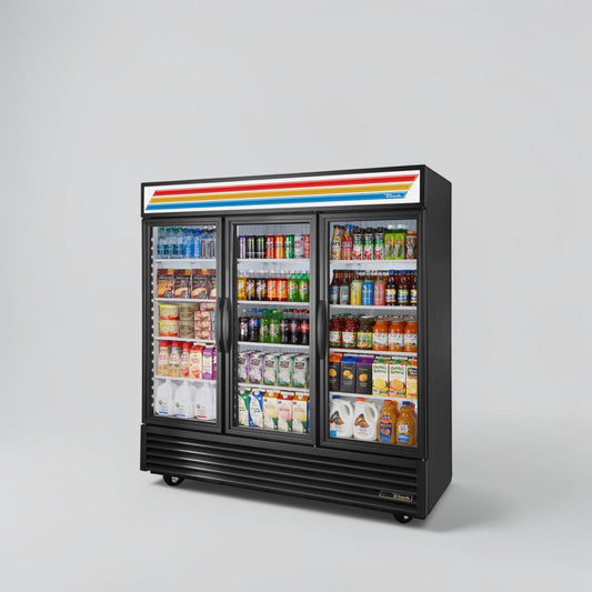 Flawless Condition – True GDM-72-HC~TSL01 – 78 1/8" Three-Section Glass Door Merchandiser – Black – 65.8 Cu. Ft. – 115V – Fully Tested & Operational!