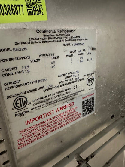 Remarkable Condition – Continental SW32N – 32" Commercial Worktop Refrigerator – 1 Solid Door – 9 Cu. Ft. – R290 – 115V – Fully Tested & Operational!