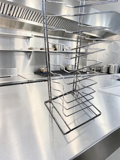 Superior Condition – Commercial Countertop Pizza Pan Stand – 10-Slot Stainless Steel Rack – Space-Saving Vertical Design – Ready for Immediate Use!