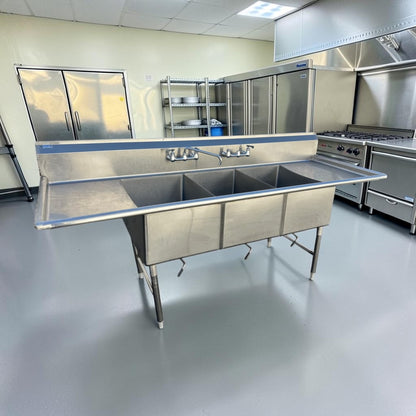 Pristine Condition – GSW SH20283D – 100-3/8" Three-Compartment Commercial Sink – Dual 20" Drainboards – 16-Gauge Stainless Steel – NSF & ETL Certified – Fully Tested & Operational!