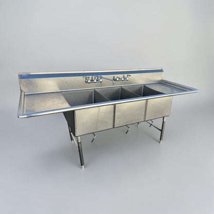 Pristine Condition – GSW SH20283D – 100-3/8" Three-Compartment Commercial Sink – Dual 20" Drainboards – 16-Gauge Stainless Steel – NSF & ETL Certified – Fully Tested & Operational!