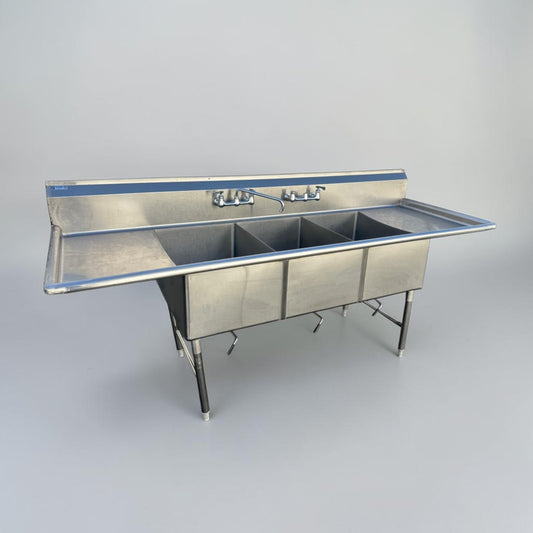 Pristine Condition – GSW SH20283D – 100-3/8" Three-Compartment Commercial Sink – Dual 20" Drainboards – 16-Gauge Stainless Steel – NSF & ETL Certified – Fully Tested & Operational!