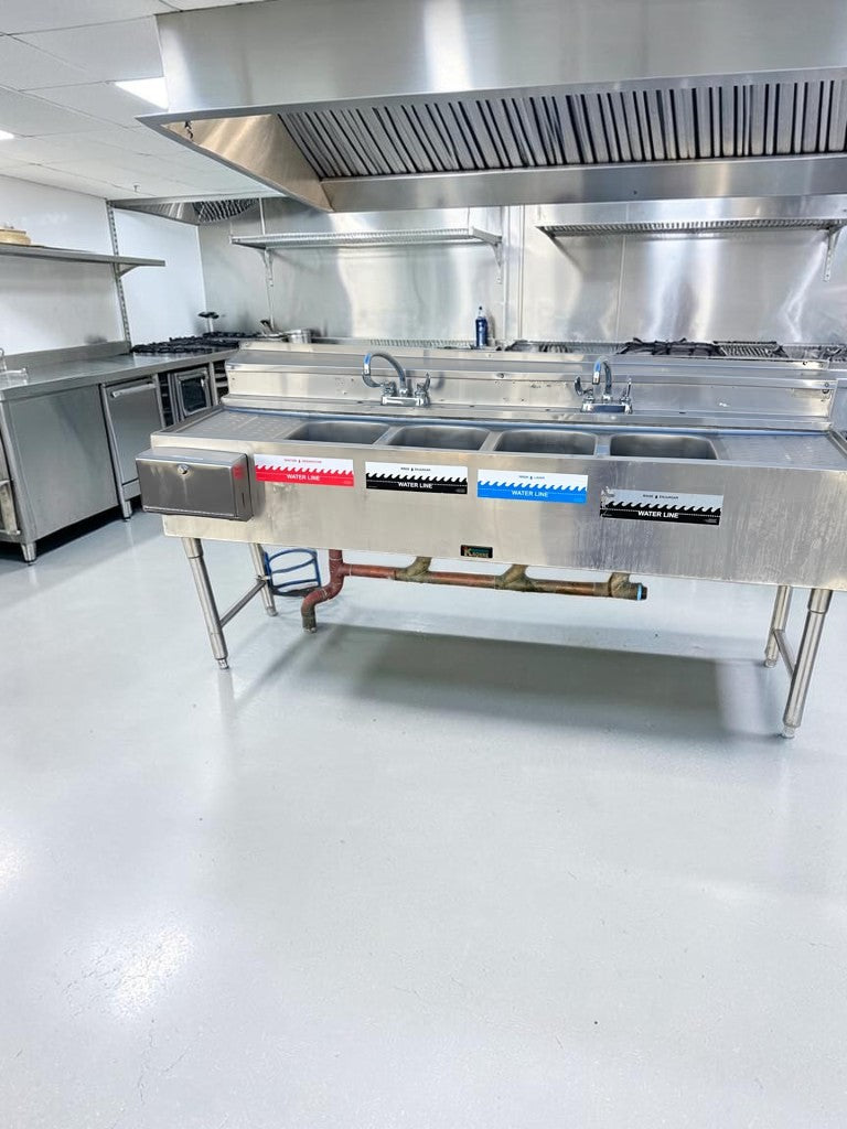 Outstanding Condition – Krowne KR24-64C – Royal Series 72" Four-Compartment Underbar Sink – Dual Drainboards – Stainless Steel – NSF Certified – Ready for Commercial Use!