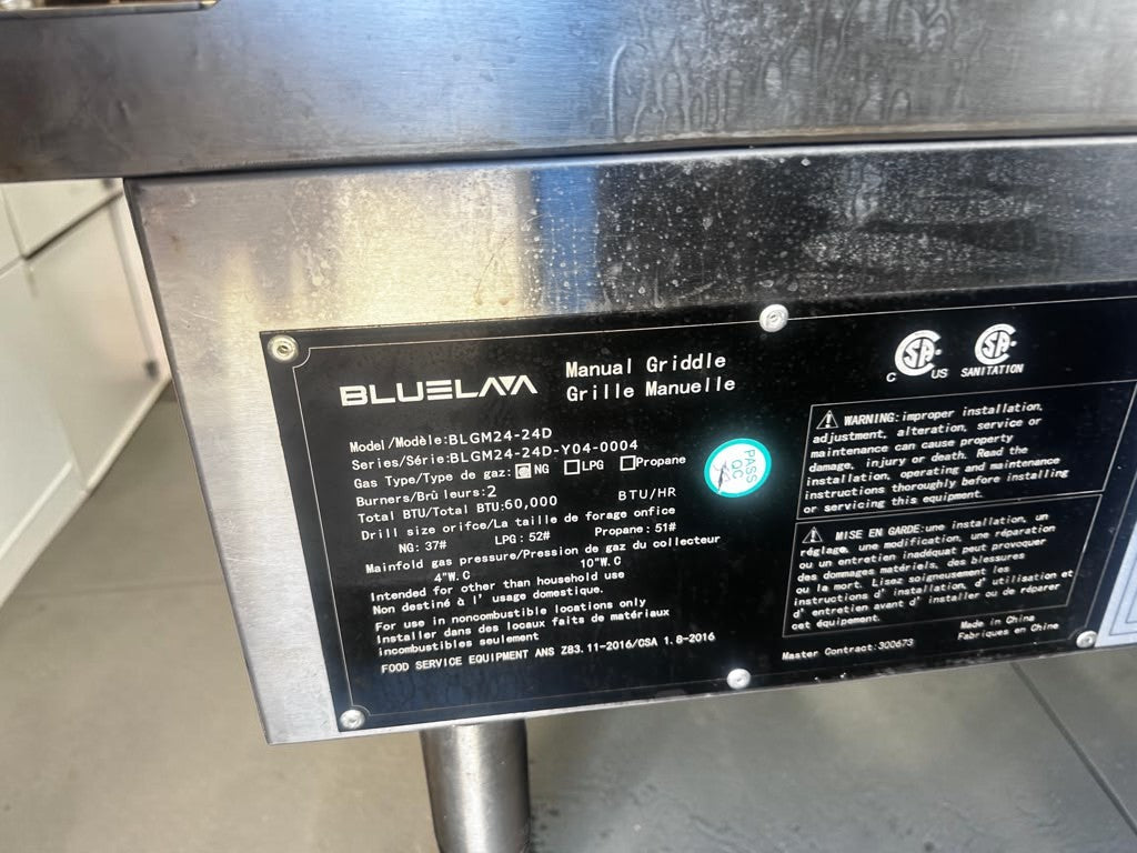 Pristine Condition – Blue Lava BLGM24-24D – 24" Heavy-Duty Commercial Gas Griddle – 1" Plate – 60,000 BTU – Natural Gas – CSA Sanitation Certified – New!