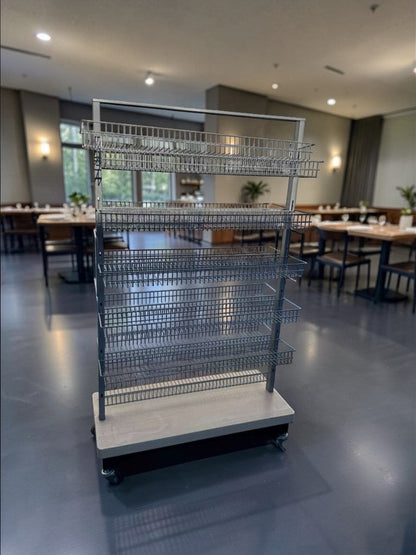 Superior Condition – Commercial Rolling Wire Display Rack – Multi-Tier Retail Shelving – Heavy-Duty Construction – Fully Inspected & Ready for Use!