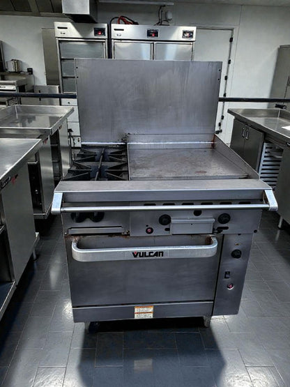 Superior Condition – Vulcan 36C-2B24GTN – Endurance 36" Natural Gas Range – 2 Burners – 24" Thermostatic Griddle – Convection Oven Base – 135,000 BTU – NSF / CSA Listed – Fully Tested & Operational!