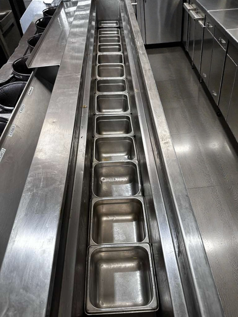 Immaculate Condition – Commercial 6 Burner Wok System – Stainless Steel Wok Cooking Line with Refrigerated Top / Cold Rail – Gas Operation – Fully Tested & Operational!