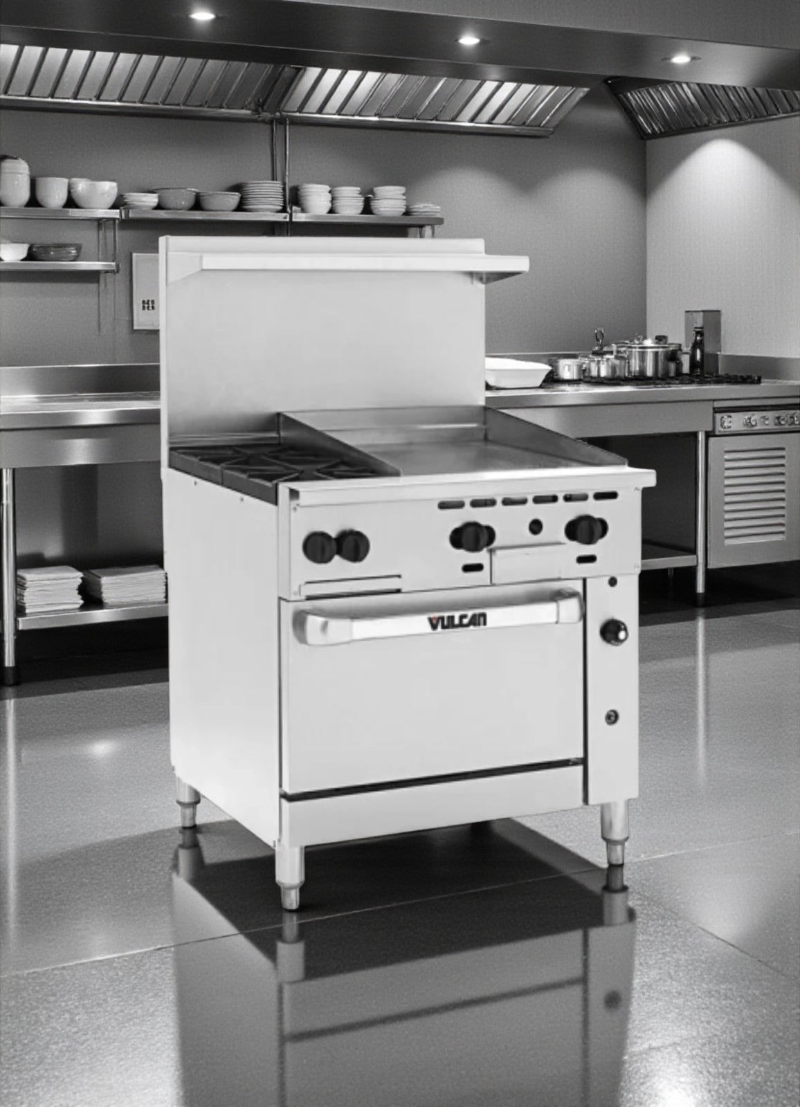 Superior Condition – Vulcan 36C-2B24GTN – Endurance 36" Natural Gas Range – 2 Burners – 24" Thermostatic Griddle – Convection Oven Base – 135,000 BTU – NSF / CSA Listed – Fully Tested & Operational!