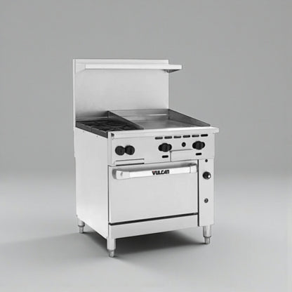 Superior Condition – Vulcan 36C-2B24GTN – Endurance 36" Natural Gas Range – 2 Burners – 24" Thermostatic Griddle – Convection Oven Base – 135,000 BTU – NSF / CSA Listed – Fully Tested & Operational!