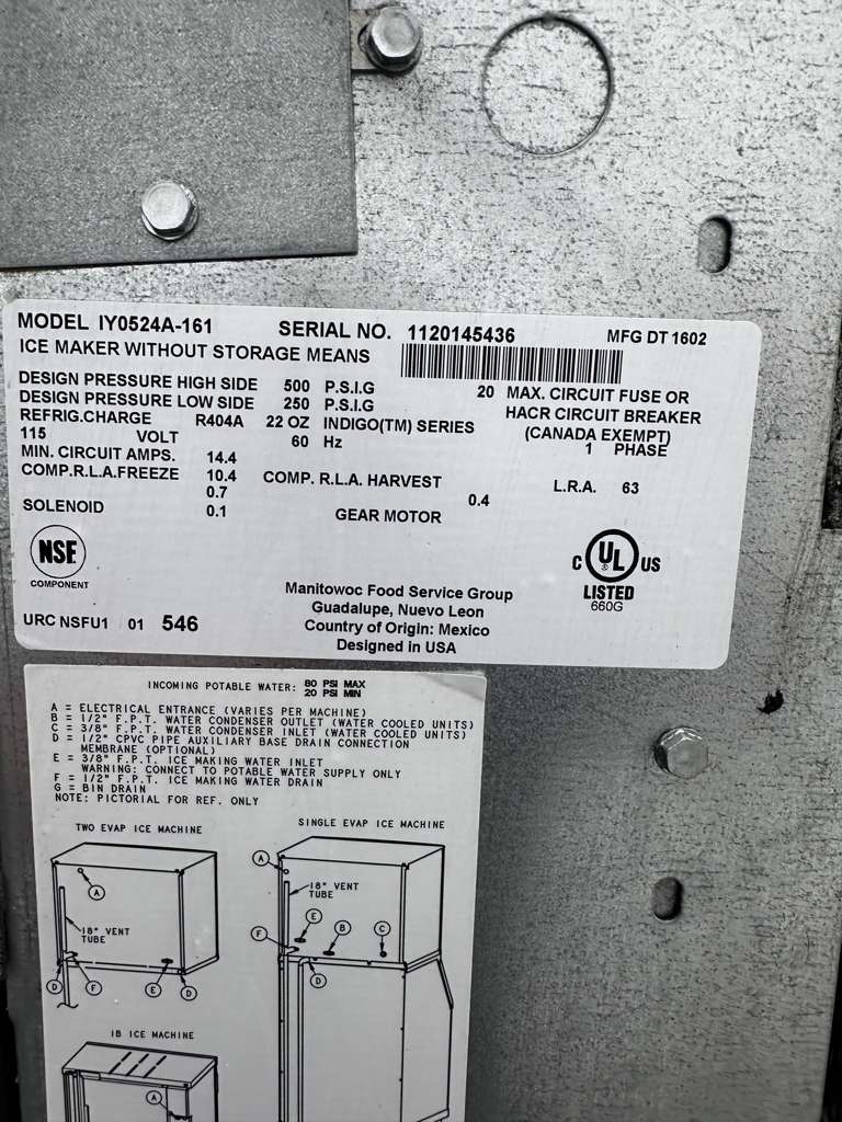 Premium Condition – Manitowoc IY0524A-161 Indigo Series – 22" Air-Cooled Half-Dice Ice Machine Head – 485 lb/24 Hr – 115V – Fully Tested & Operational!