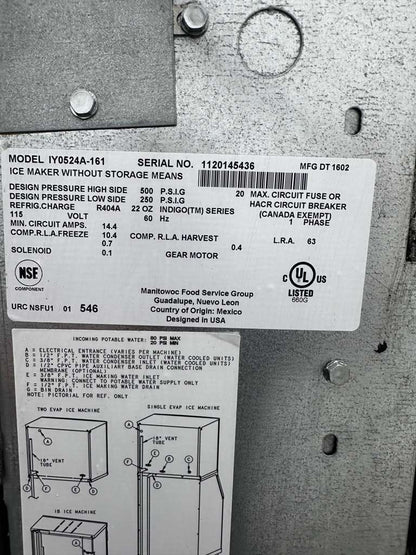 Premium Condition – Manitowoc IY0524A-161 Indigo Series – 22" Air-Cooled Half-Dice Ice Machine Head – 485 lb/24 Hr – 115V – Fully Tested & Operational!